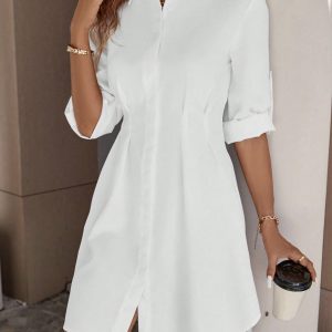 Women's Long Sleeve Button Front Shirt Dress Collar Neck Casual Plain Mini Dresses