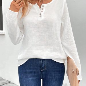 Women's Scoop Neck Long Sleeve Half Button Casual Blouse Shirt Top