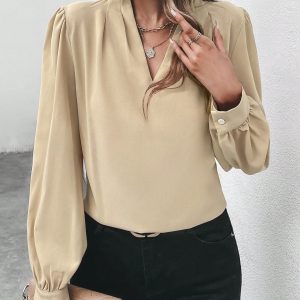 Women's Bishop Long Sleeve Casual Plicated Blouse V Neck Regular Fit Solid Shirt Top