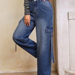 Women's High Waist Cargo Jeans Flap Pocket Wide Leg Denim Pants